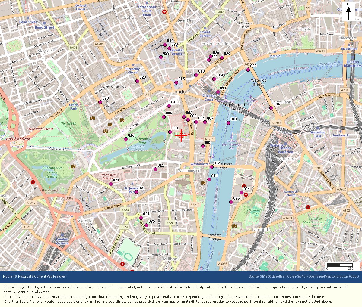 GeoScreen report figure showing Historical and Current Map Features mapped near a real test site, with numbered markers cross-referenced to the report's Historical Features table