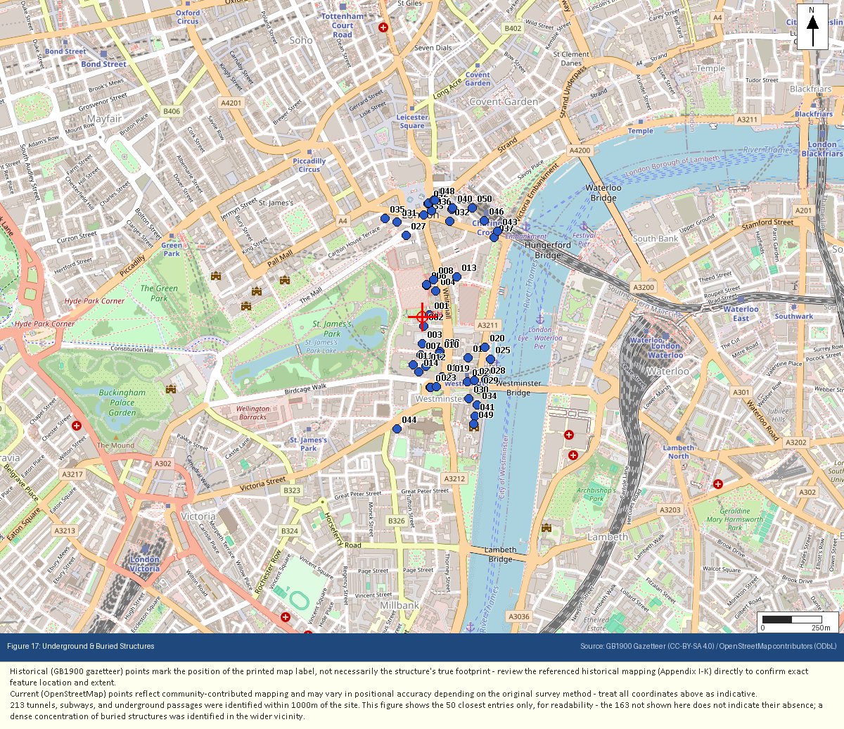 GeoScreen report figure showing Underground and Buried Structures mapped near a real test site, with numbered markers for tunnels, subways and underpasses