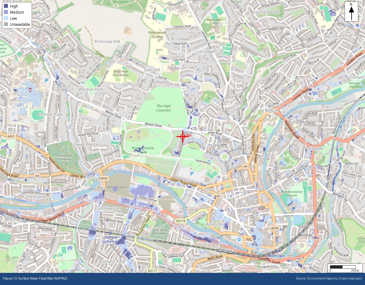 EA surface water flood risk map showing risk across streets near the site
