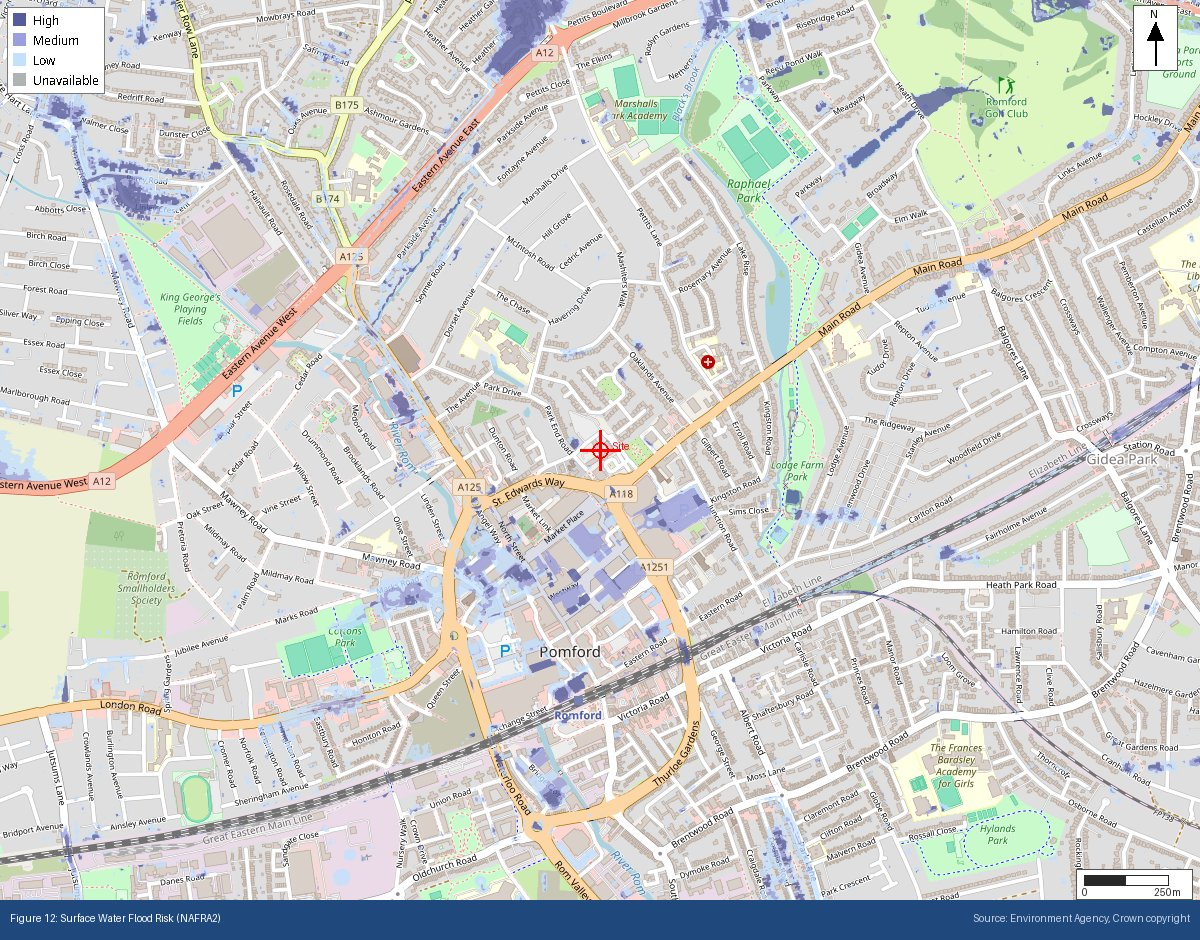 GeoScreen surface water flood risk figure (NAFRA2) for a Romford site