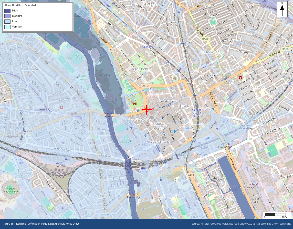 GeoScreen's new reference-only figure showing defended and residual flood risk for the same Cardiff site, banded High to Very Low