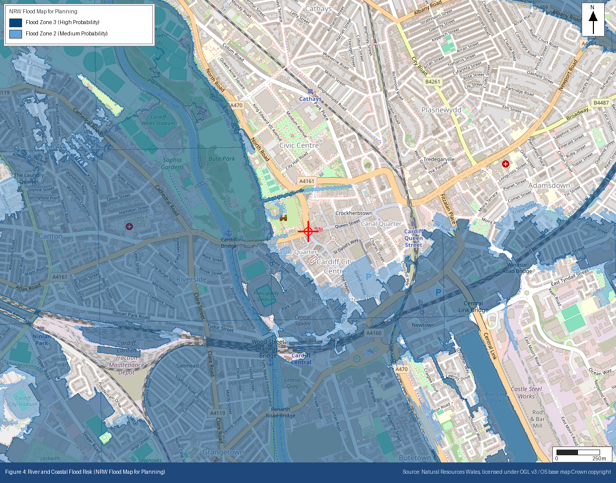 GeoScreen Figure 4 — River and Coastal Flood Risk map for a Cardiff site, showing NRW Flood Map for Planning Zone 2 and Zone 3 extents