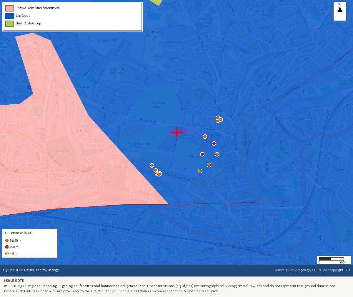 BGS 1:625,000 bedrock geology mapping, Bath, showing the Lias Group boundary