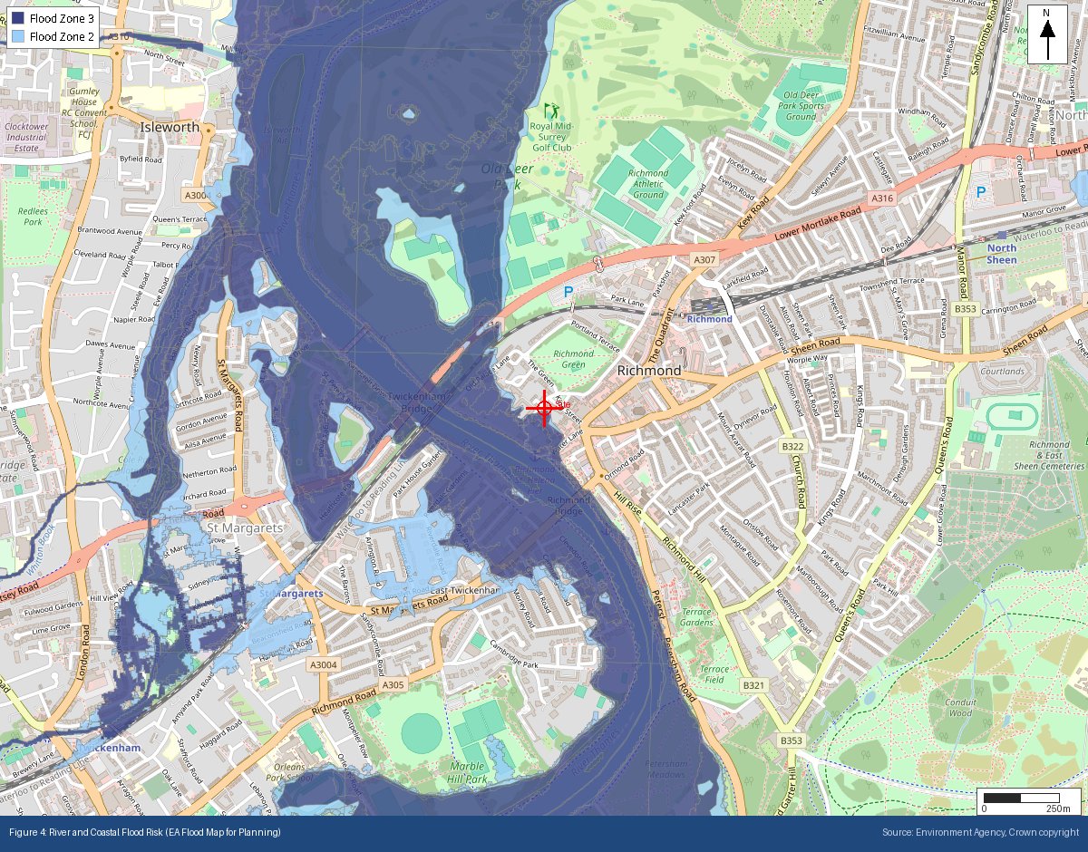 EA Flood Map for Planning showing Flood Zones 2 and 3, Richmond upon Thames