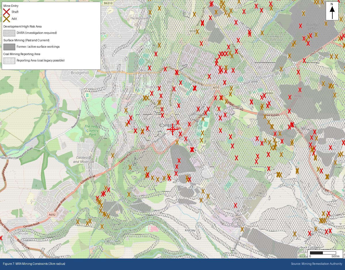 MRA mine entry mapping showing shafts and adits within a Development High Risk Area, Consett