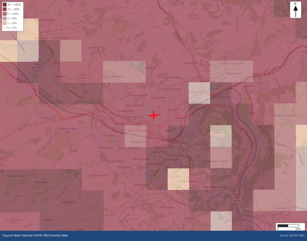 BGS/UKHSA indicative radon potential mapping, Bath