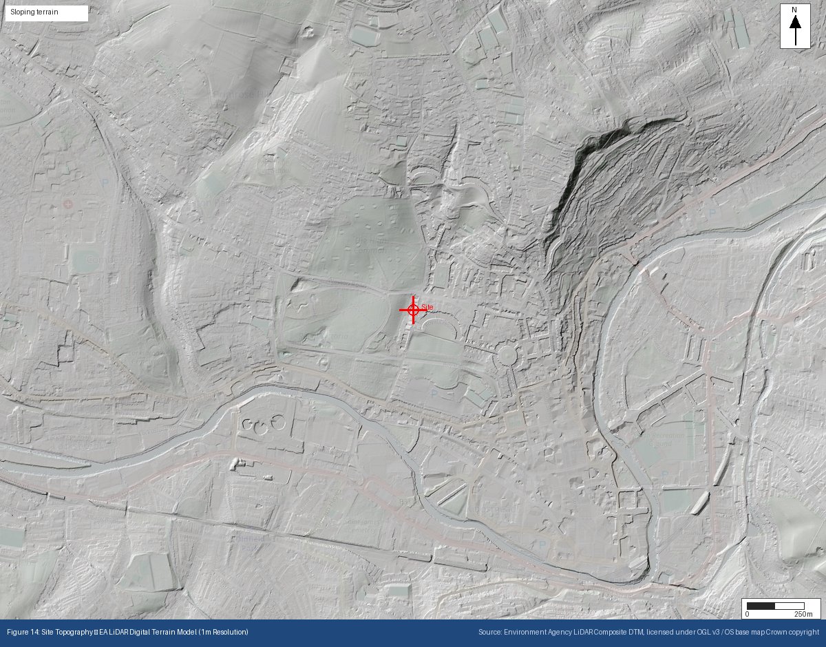 LiDAR-derived digital terrain model hillshade of Bath showing sloping terrain