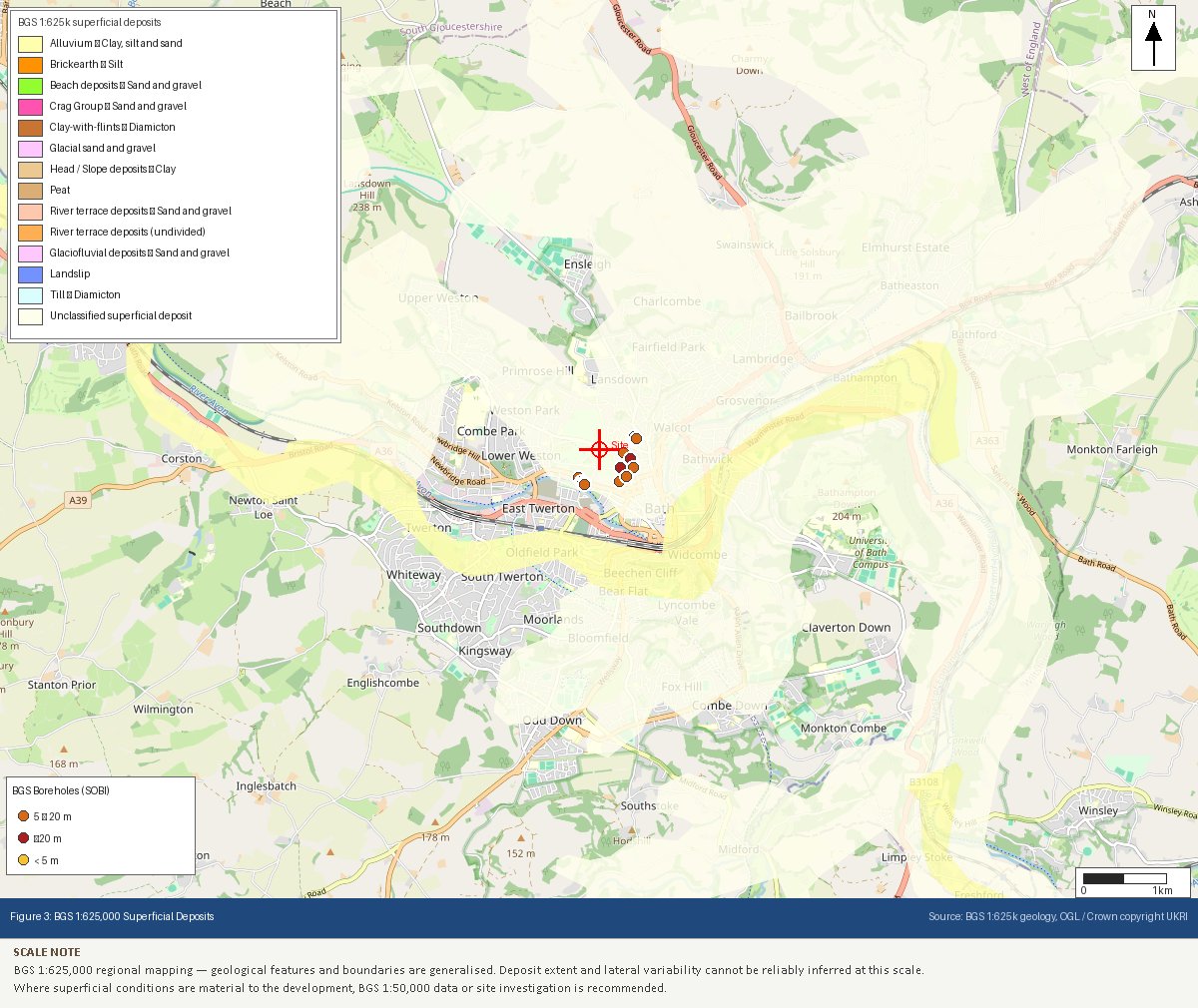 BGS 1:625,000 superficial deposits mapping, Bath, with nearby borehole records