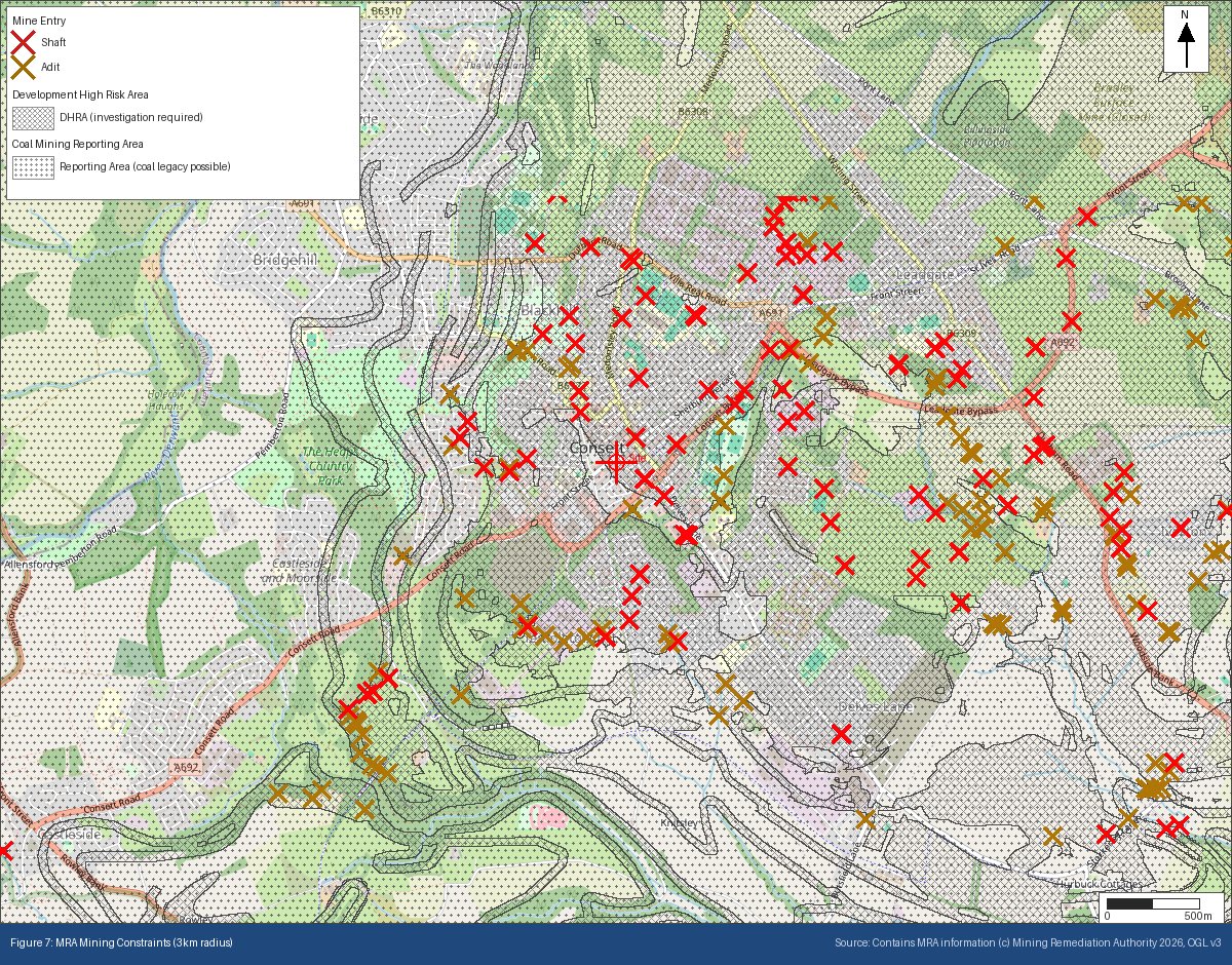 Map of Consett showing dozens of recorded mine shafts and adits around the site, inside a Development High Risk Area