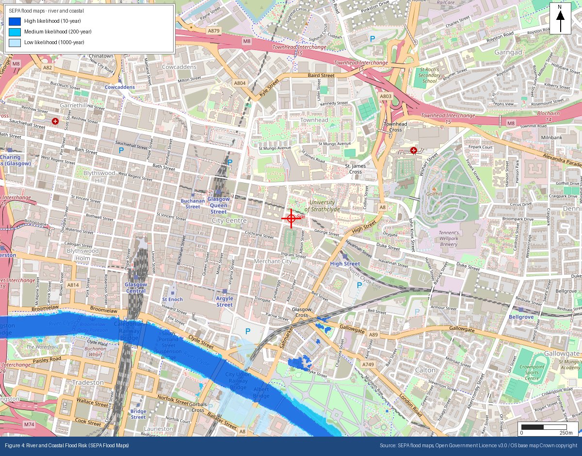 Map of central Glasgow showing SEPA high, medium and low flood likelihood bands along the River Clyde