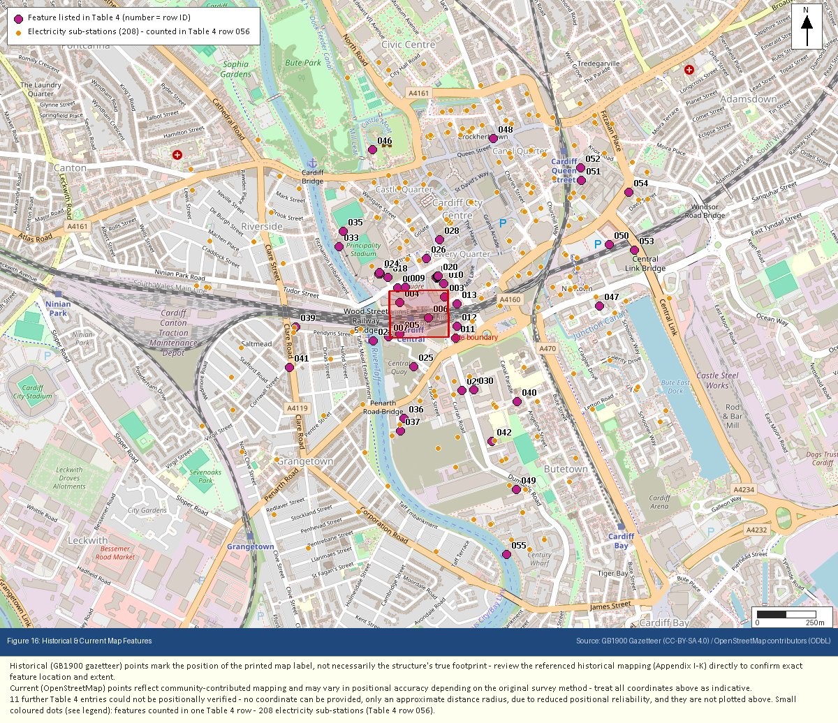 Map of central Cardiff showing numbered features around a site boundary and small orange dots for 208 electricity sub-stations